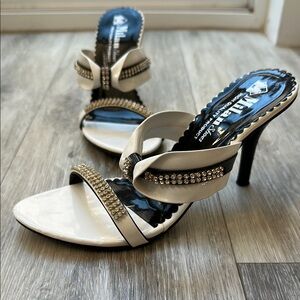 White Heeled Sandals with black accent and Rhinestones
